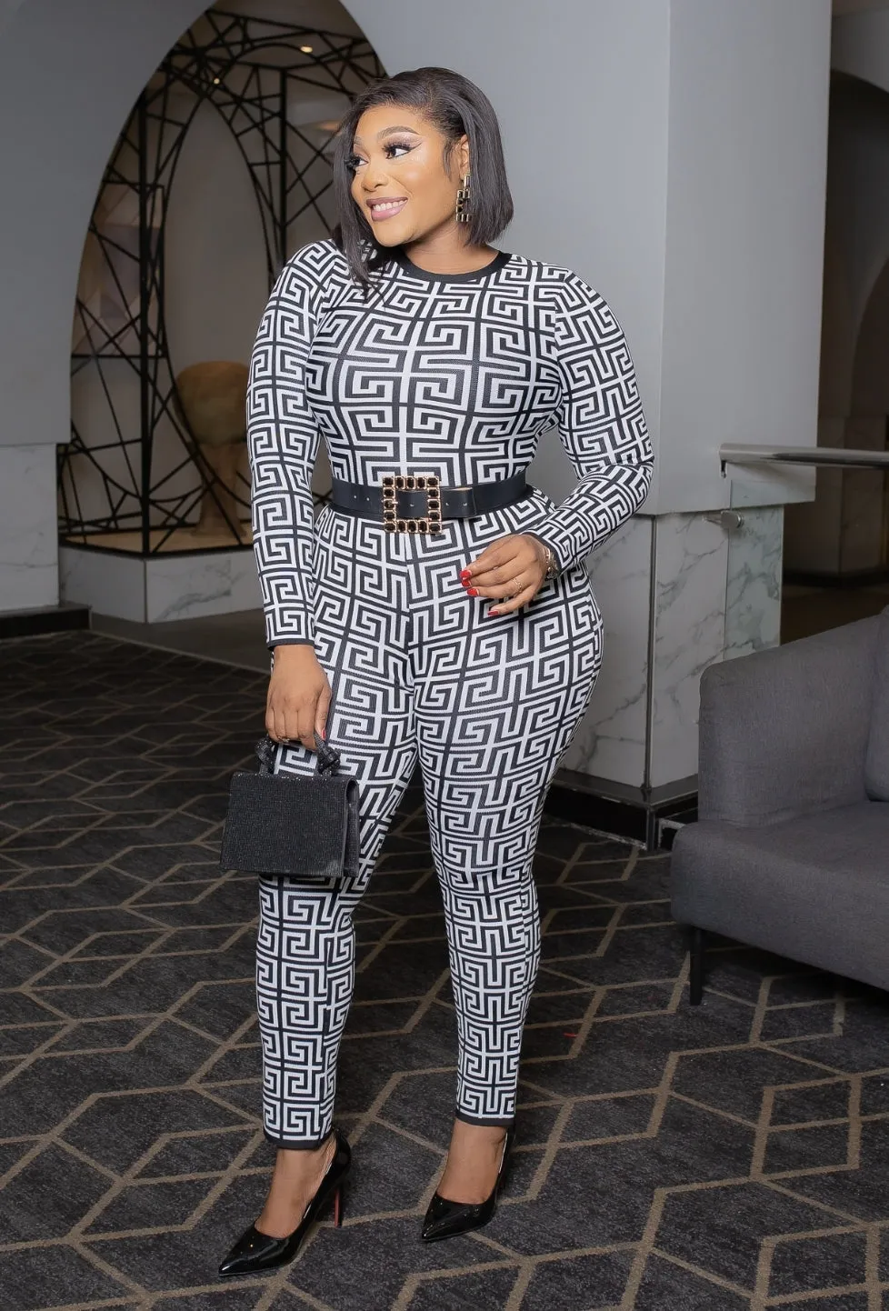 Zuria- Geometric Design Long Sleeve JUMPSUIT